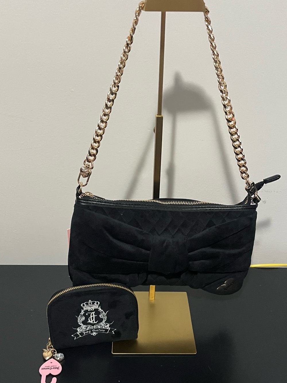 Juicy Couture Black Bow Quilted Shoulder Bag & Zip Pouch